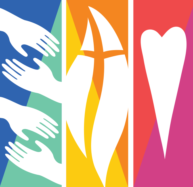 Fremont United Methodist Church logo-hands to represent community-cross and flame to represent our faith, and  a heart to represent love.
